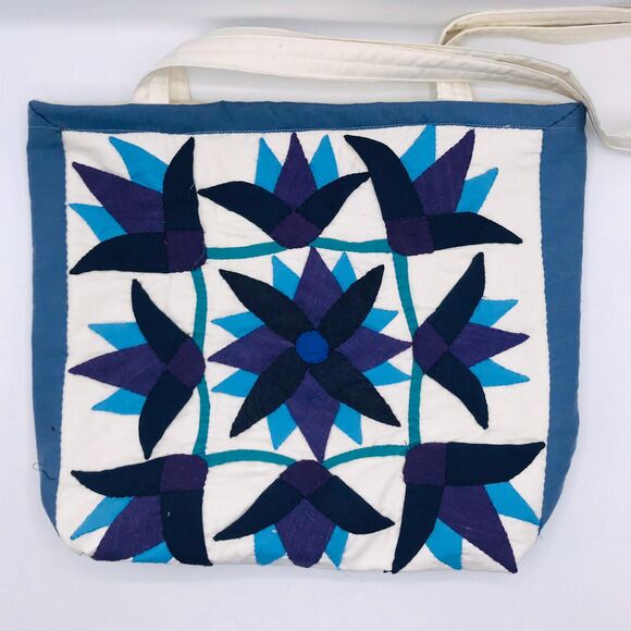 Handmade Tote Bag: Repurposed, Amish Purples and Blues Cottage Core Library Tote - Picture 7 of 8